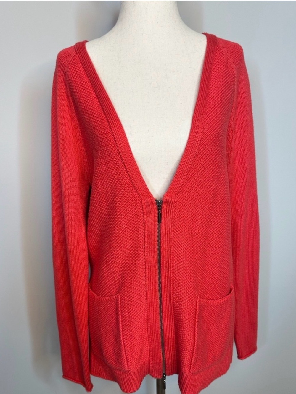 Sz S J Jill full zip front knit sweater red pockets long sleeve